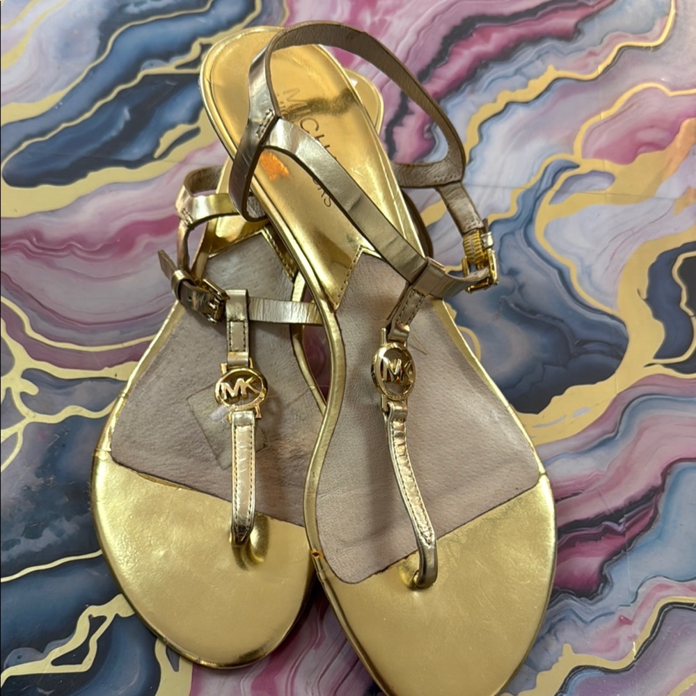 Michael Kors Gold T-Strap Sandals with Metallic Embellishments